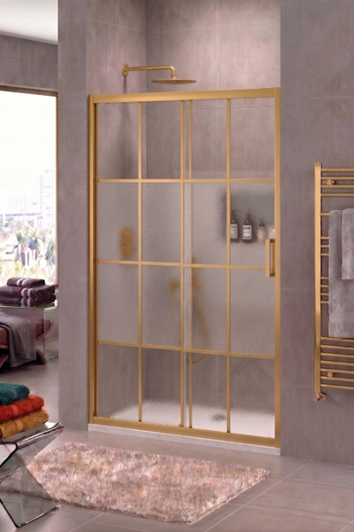 Ön Cephe 1 Sabit 1 Kayar Gold Profil Karolaj Desen Ortası Buzlu 5 mm Temperli Cam H190 cm Duşakabin