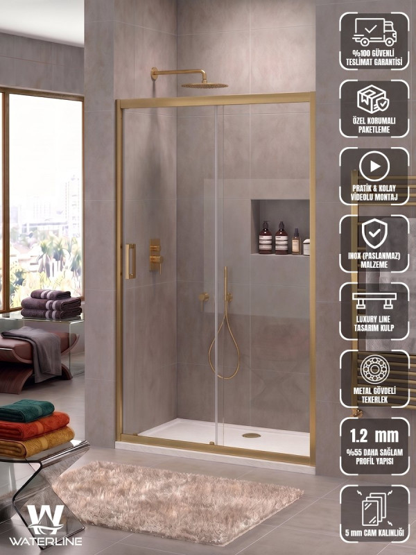 Ön cephe 1 Sabit 1 Kayar Gold Profil 5 mm Temperli Cam H190 cm Duşakabin