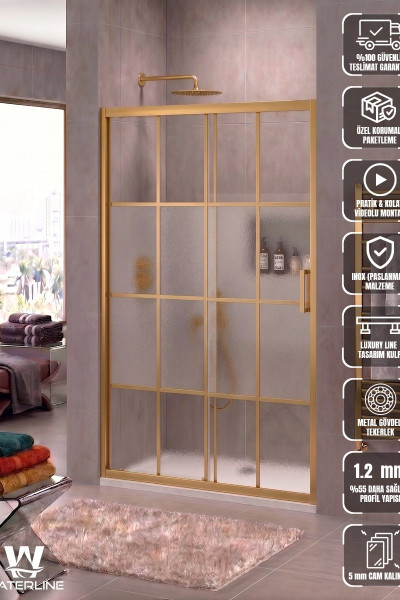 Ön Cephe 1 Sabit 1 Kayar Gold Profil Karolaj Desen Ortası Buzlu 5 mm Temperli Cam H190 cm Duşakabin