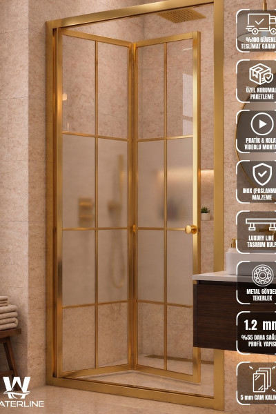 Ön Cephe Katlanır Akordiyon Kapı Gold Profil Karolaj Desen Ortası Buzlu 4mm Temperli Cam H190 Duşakabin