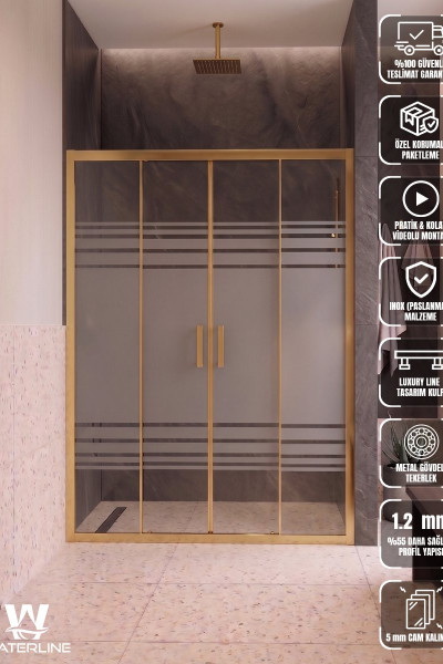 Ön Cephe 2 Sabit 2 Kayar Gold Profil Wt-1024 Desen 5 mm Temperli Cam H190 cm Duşakabin
